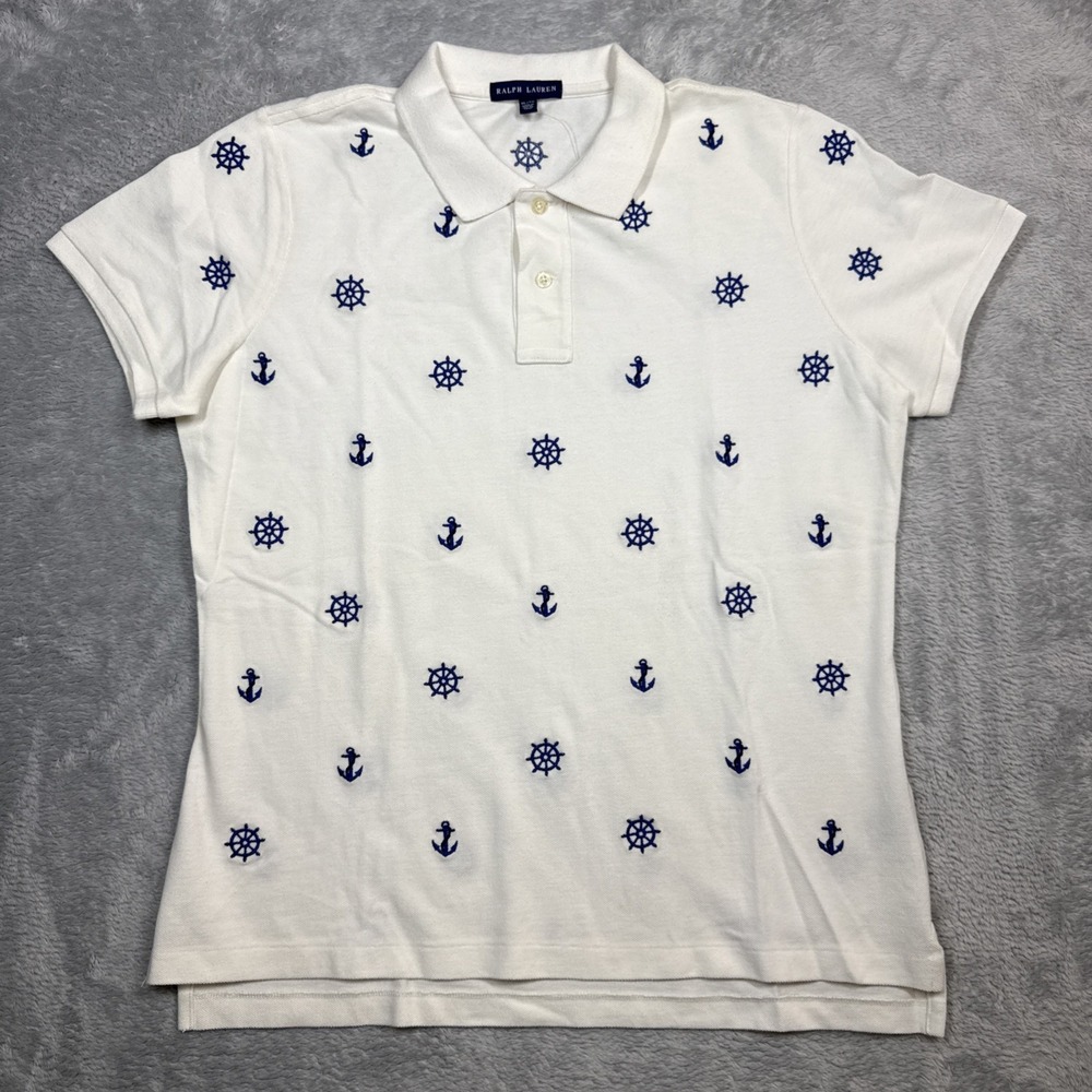 Ralph Lauren Polo Shirt Womens XL White Embroidered Nautical Anchor Helm